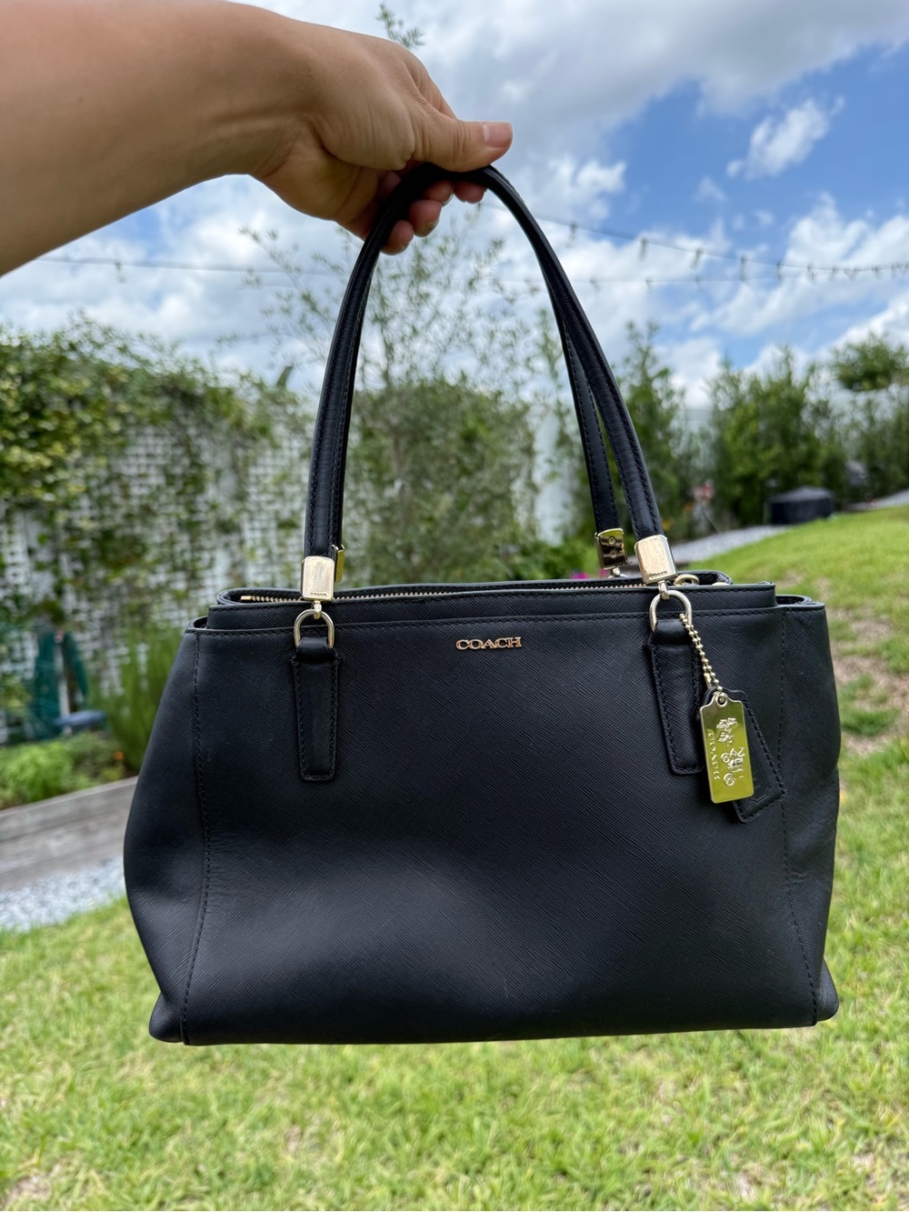 COACH Christie CarryAll Black Leather Double-Handle Satchel with Gold Hardware